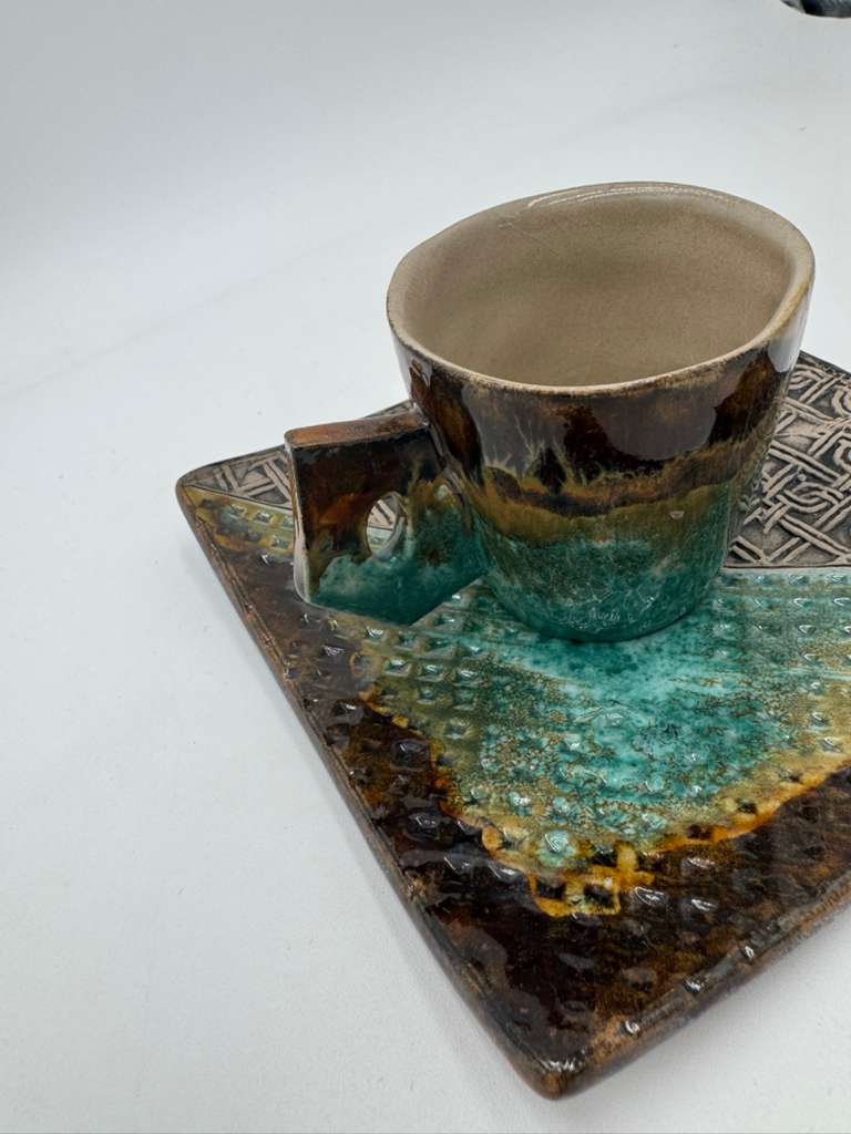 Hand Painted Ceramic Coffee Cup and Plate Set
