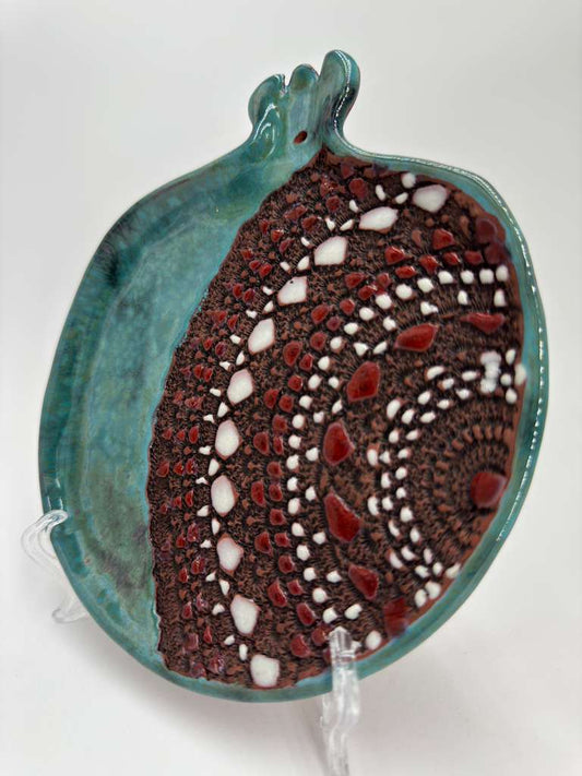 Glazed Green and Red Ceramic Pomegranate Dessert Plate - Hand Crafted Plate