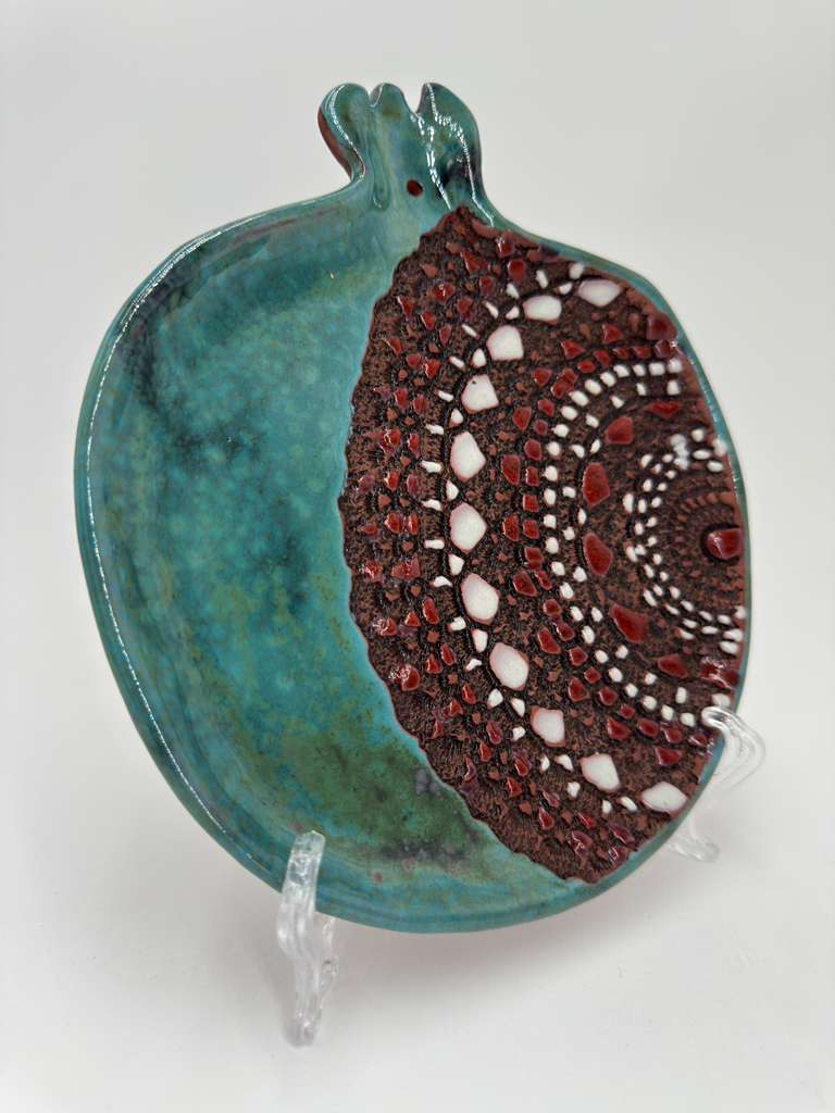 Glazed Green and Red Ceramic Pomegranate Dessert Plate - Hand Crafted Plate
