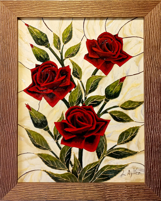 " Red roses in the style of Tiffany’s vitrages"