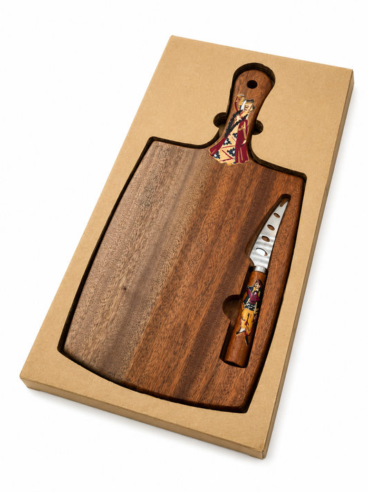 Hand Painted Wooden Cheese Board & Knife Set by Armen Barseghyan – 2 Piece Artisan Cheese Tool Set