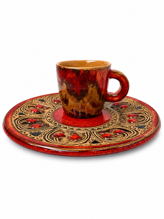 Hand Painted  Ceramic Coffee Cup and Plate Set  – Unique Handmade Gift