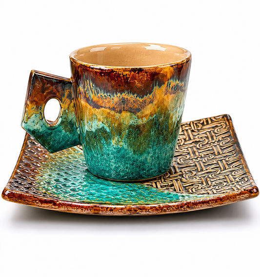 Hand Painted Ceramic Coffee Cup and Plate Set