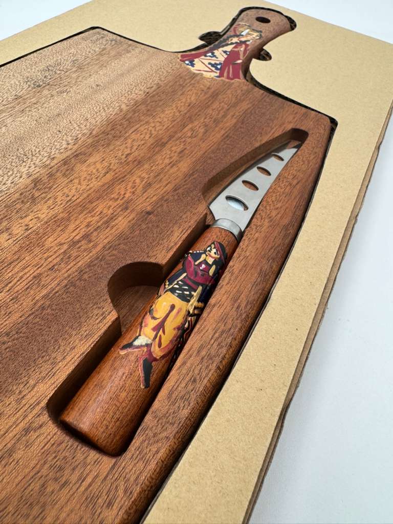 Hand Painted Wooden Cheese Board & Knife Set by Armen Barseghyan – 2 Piece Artisan Cheese Tool Set
