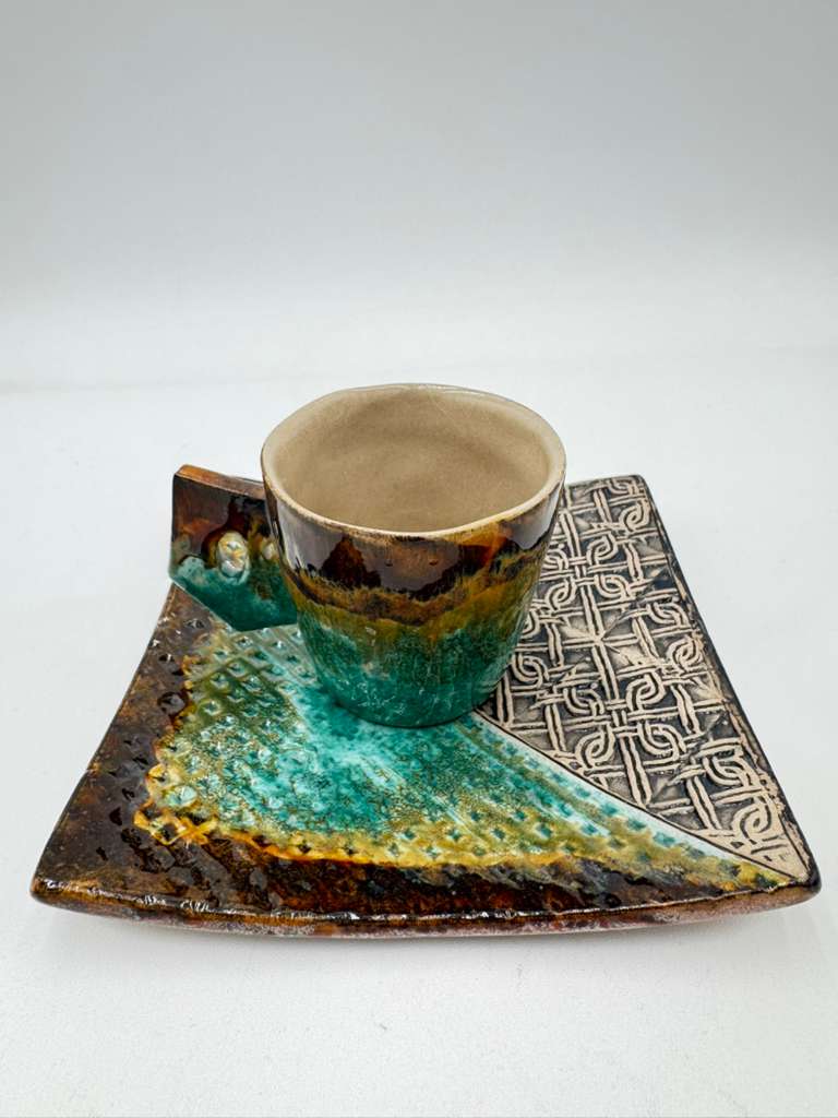 Hand Painted Ceramic Coffee Cup and Plate Set
