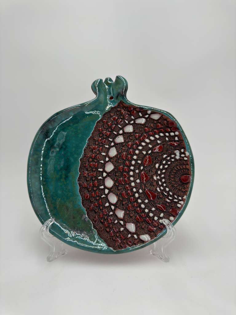 Glazed Green and Red Ceramic Pomegranate Dessert Plate - Hand Crafted Plate
