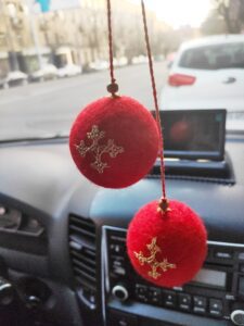 Needle Felted Wool Red Ball Car Accessories | Car Mirror Hanging Hand Embroidered Armenian Cross on Ornaments