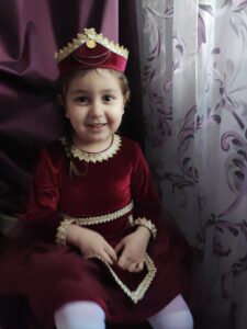 Velour and Tulle Armenian Traditional Taraz Style Dress with Matching Crown Headpiece | Multilayer Little Girl Dress with Gold