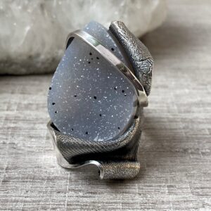 Handmade sterling silver ring with natural druzy agate, rare stone ring in size US 9, made in Armenia