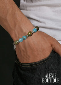 handmade with natural stone Green Cat eye stone / blue bead natural stone