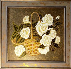 ” White roses in a basket on the gold”