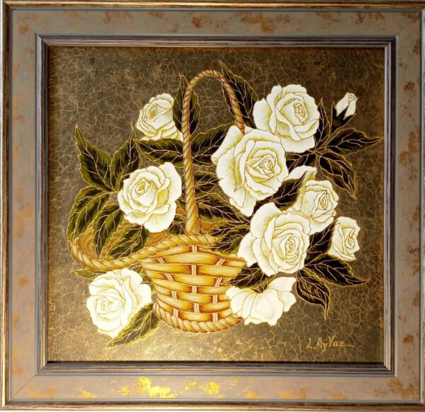 " White roses in a basket on the gold"