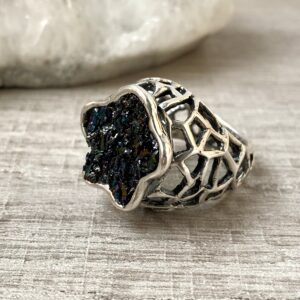 Sterling silver ring with natural black stone raw carborundum, made in Armenia