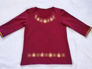 Hand-Painted Pomegranate Women’s Top in Maroon and Gold | Armenian Traditional Design