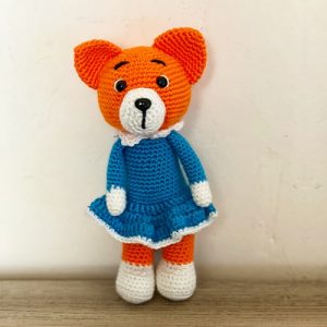 Amigurumi fox doll in blue dress