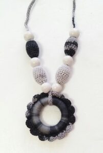 Accessories,necklace,croched necklace,handmade necklace in white,black and grey