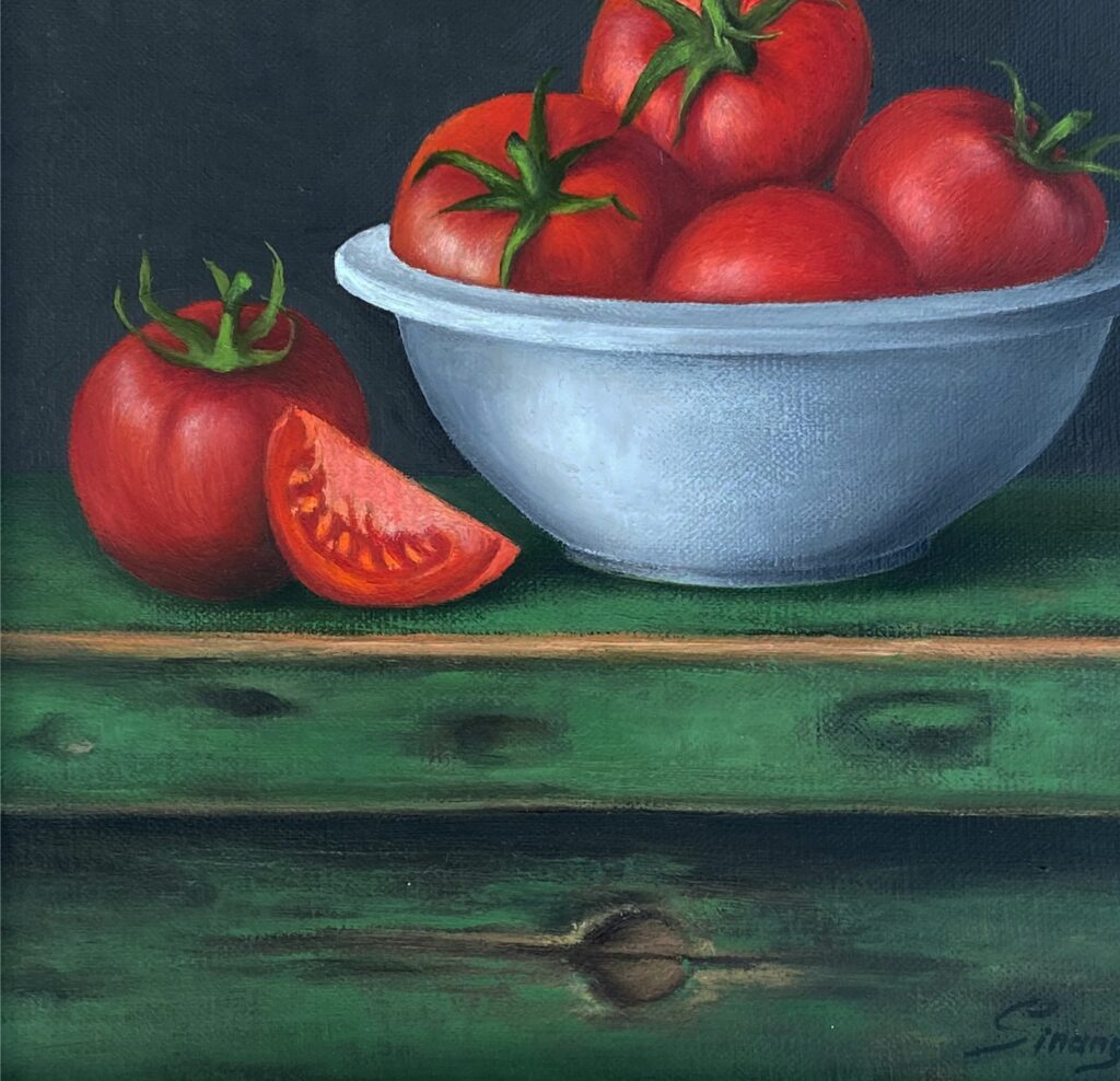 Still life tomatoes (25x25cm, oil painting, ready to hang) (2020