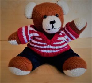 Berd Bear large, red striped sweater and jeans pants, brown