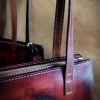 Personalized leather tote bag with carved pomegranate