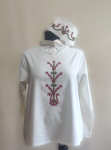 Handmade Marash Embroidery Shirt and Headpiece in Traditional Red and Green