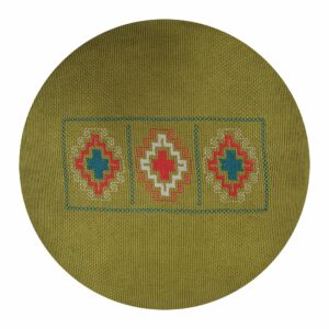 An embroidered round pillow with an old Armenian rug ornament