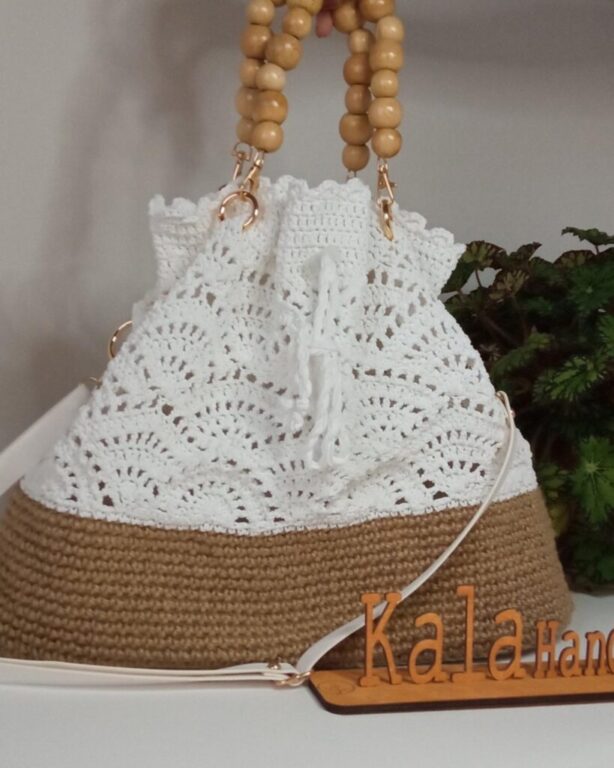 beautiufl brown handmade jute bag with lace design