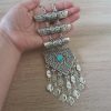 Silver Plated Pomegranate Half Cylinder Pentagon Long Ethnic Statement Necklace, Armenian Statement Necklace with Turquoise Stone