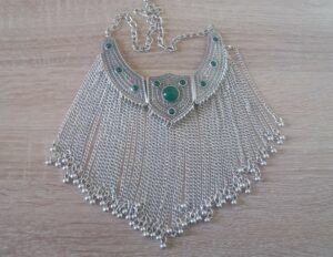 Silver Plated Three Pieces Tears Drops Necklace, Armenian Statement Necklace with Chrysolite Stones