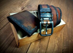 Hand Tooled Leather Belt and Wallet Set for Men