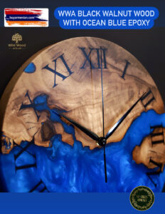 WWA Armenian Black Walnut Wood Wall Clock with Ocean Blue Epoxy