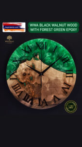 WWA Armenian Black Walnut Wood Wall Clock with Forest Green Epoxy
