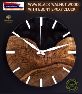 WWA Armenian Black Walnut Wood Wall Clock with Ebony Epoxyx