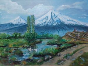 ”Biblical Mount Ararat and Khor Virap monastery ”, oil on canvas, 50×70 cm, 2021 year, Artak Vardanyan