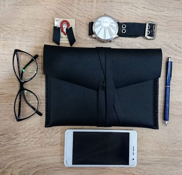 Elegant black leather clutch, one pocket