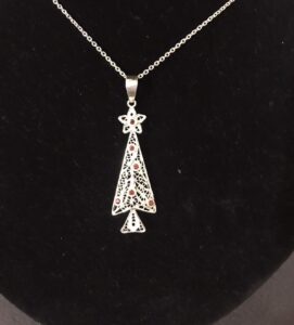 Silver Filigree Handmade Grenade Christmas Tree Necklace 034
