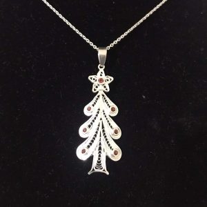 Silver Filigree Handmade Grenade Christmas Tree Necklace 032
