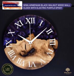 WWA Armenian Black Walnut Wood Wall Clock with Electric Purple Epoxy Home Decor