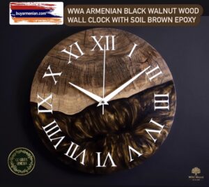 WWA Armenian Black Walnut Wood Wall Clock with Soil Brown Epoxy Home Decor