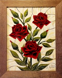 ” Red roses in the style of Tiffany’s vitrages”
