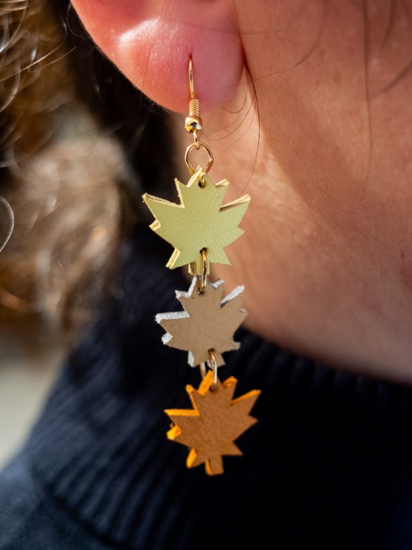 Genuine leather maple leaf earrings, unique earrings, modern earrings, yellow earrings, green earrings, turquoise earrings, celtic earrings