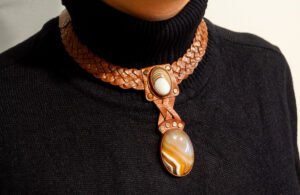 Genuine Leather Gorget Necklace with Agate stone, Celtic necklace for women or men