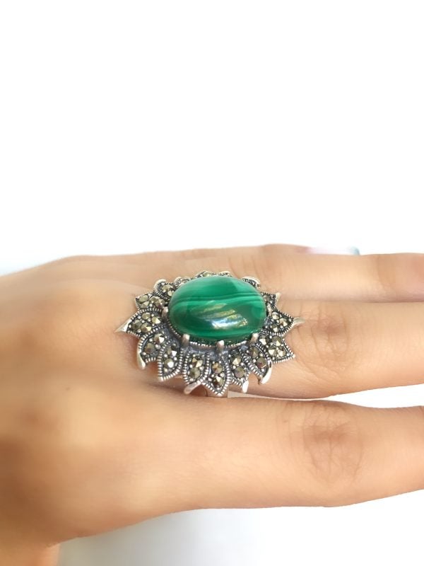 Sterling silver 925 ring and Earrings Marcasite jewellery ring large marcasite big green gemstone Malachite natural dangle earrings