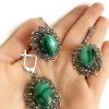 Sterling silver 925 ring and Earrings Marcasite jewellery ring large marcasite big green gemstone Malachite natural dangle earrings