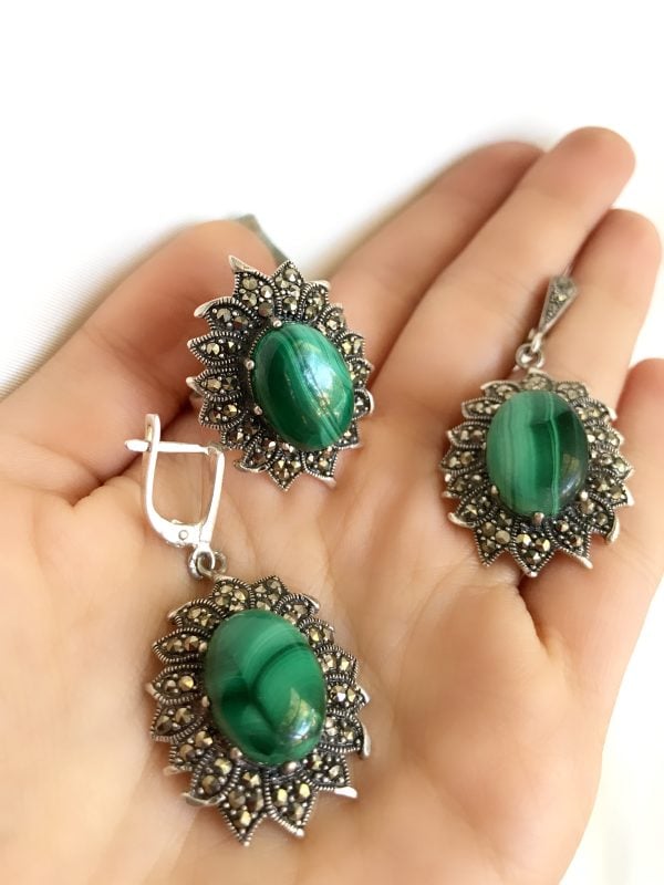 Sterling silver 925 ring and Earrings Marcasite jewellery ring large marcasite big green gemstone Malachite natural dangle earrings