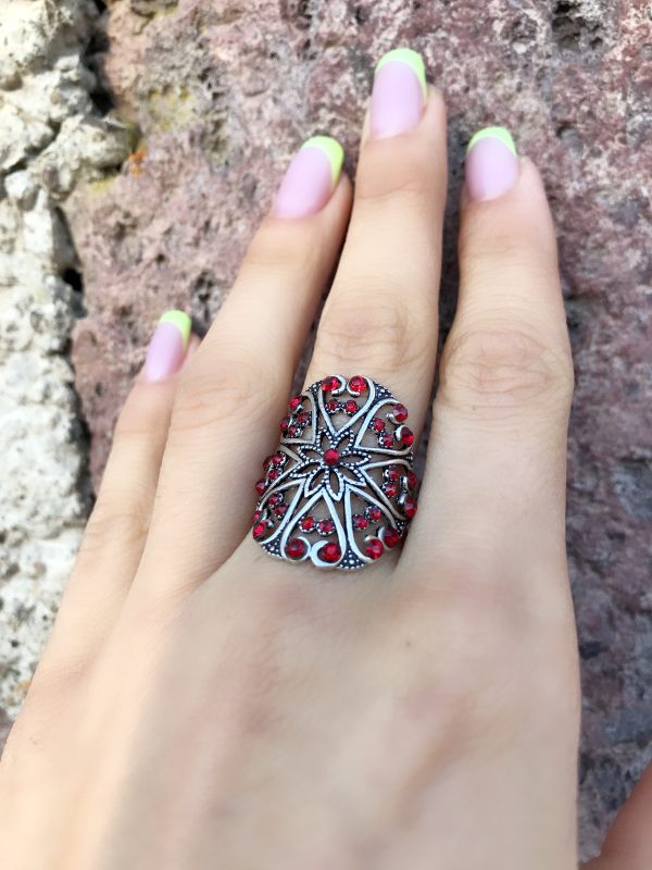Sterling silver 925 red quartz stone ring full finger ring with red gem handmade Armenian ring for her