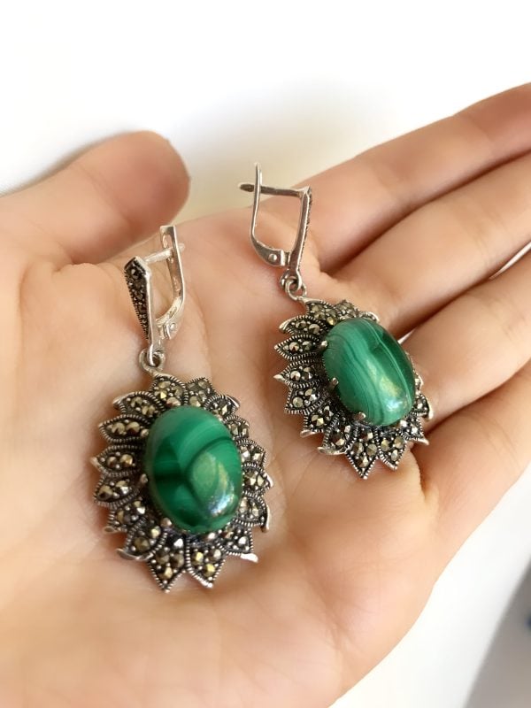 Sterling silver 925 ring and Earrings Marcasite jewellery ring large marcasite big green gemstone Malachite natural dangle earrings