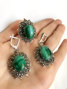 Sterling silver 925 ring and Earrings Marcasite jewellery ring large marcasite big green gemstone Malachite natural dangle earrings