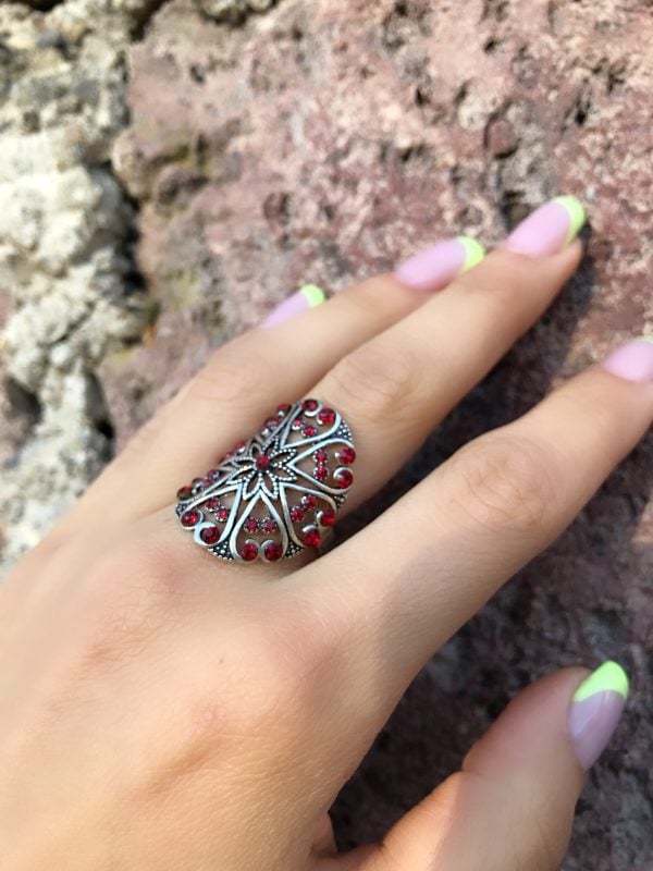 Sterling silver 925 red quartz stone ring full finger ring with red gem handmade Armenian ring for her