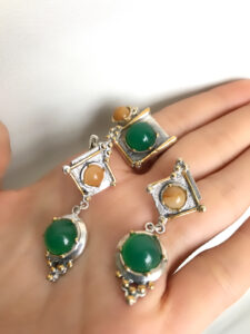 Armenian jewellery Sterling silver 925 jewellery set Ring and Earrings Yellow agate and Jade Natural Gemstones