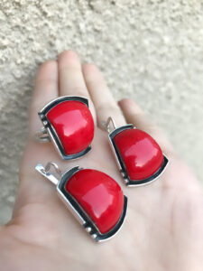 Red Coral jewellery set Sterling silver 925 Armenian jewellery Handmade natural red gem ring and earrings Best gift for her